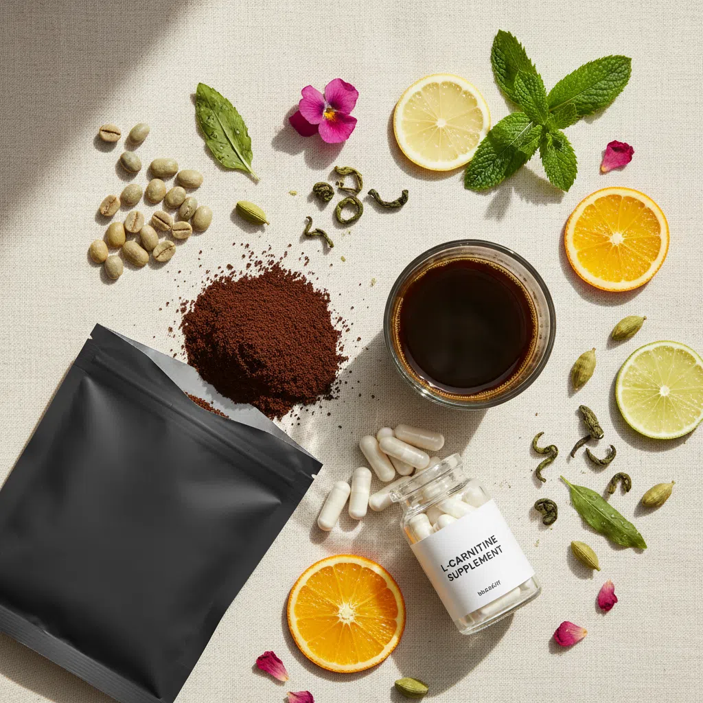 Flat-lay of green coffee beans, green tea leaves and supplement ingredients for Wellaray Coffee