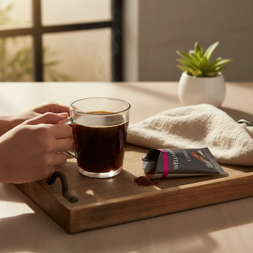 Hands cradling a glass mug of functional coffee - Wellaray Coffee morning sachet ritual